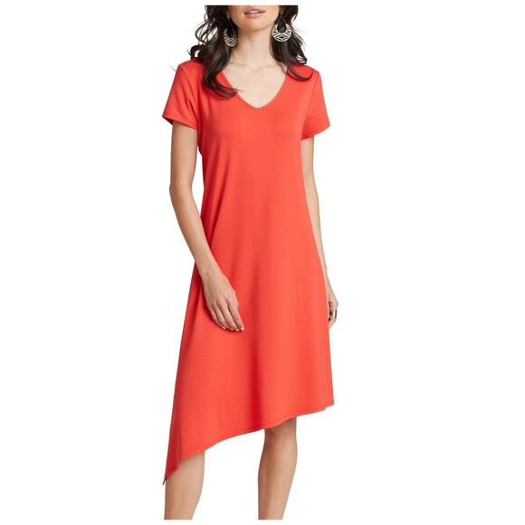 Women's Bamboo Dress Size M Asymmetrical Short Sleeve Orange V-Neck Compli-K NWT - Picture 1 of 3